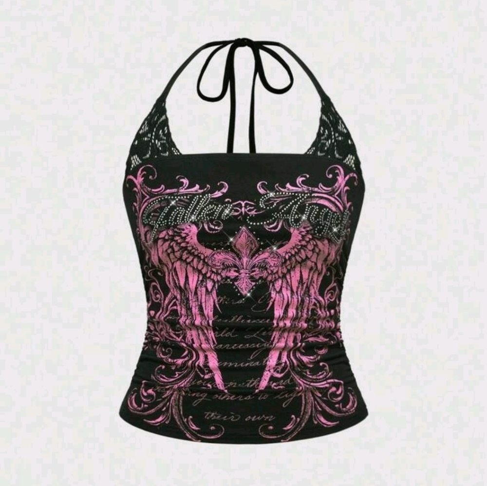 SHEIN Black Halter Tank Top with Pink Wing Graphic